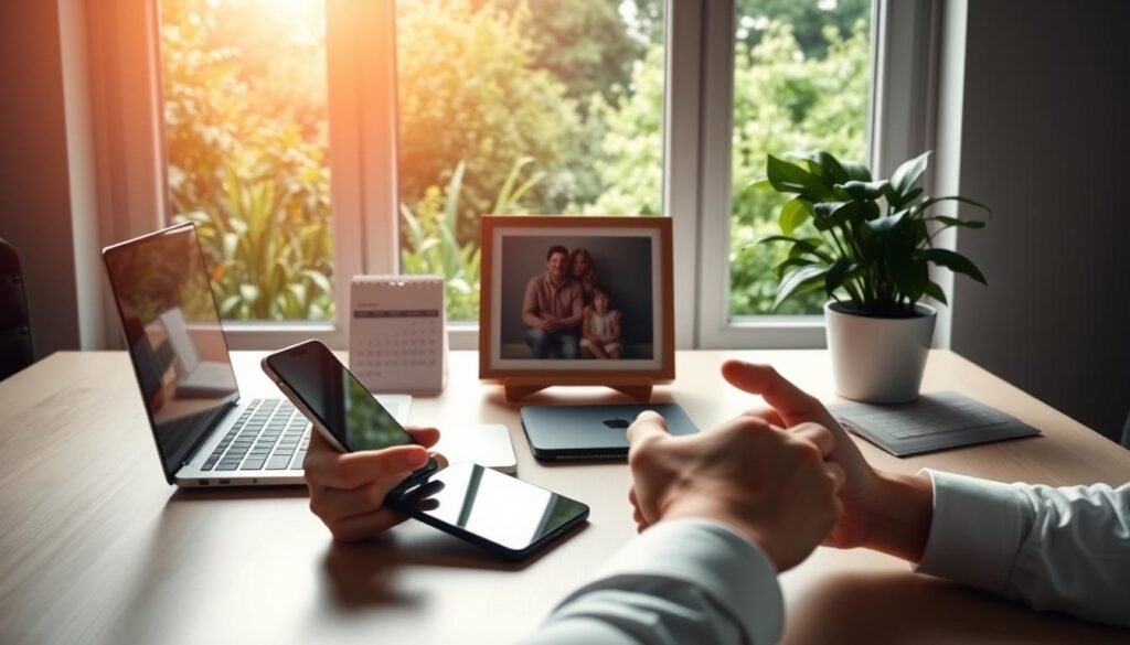 A serene office workspace with a laptop, calendar, and potted plant, illuminated by warm natural light streaming through large windows. In the foreground, a person's hands rest on the desk, balancing a smartphone and tablet, symbolizing the integration of technology in work-life balance. The middle ground features a framed photograph of the person's family, conveying the harmony between professional and personal domains. The background showcases a lush, verdant garden visible through the windows, creating a calming, nature-inspired atmosphere. Soft, diffused lighting and a muted color palette evoke a sense of tranquility and equilibrium.