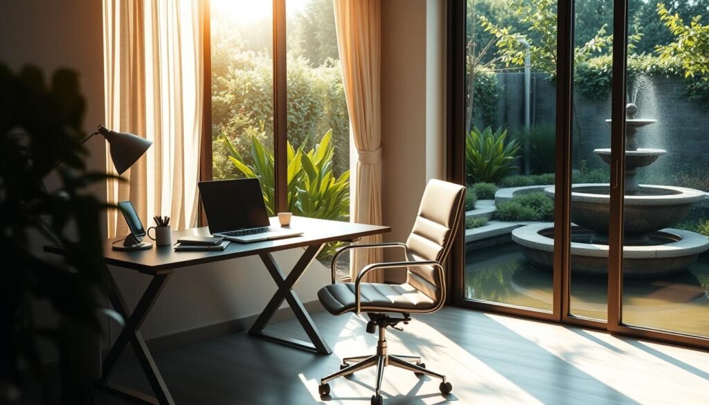 A serene, sun-dappled office scene with a desk and chair situated near a large window overlooking a peaceful garden. On the desk, a laptop and a few personal items create a sense of balance between work and life. The lighting is soft and natural, casting a warm glow throughout the space. In the background, lush greenery and a tranquil water feature suggest a harmonious integration of the professional and personal realms. The overall mood is one of tranquility, focus, and a healthy work-life equilibrium.