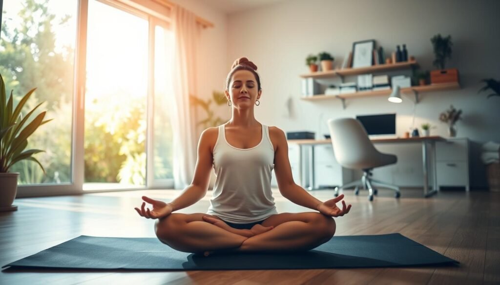 A serene, sun-drenched scene showcasing the harmony between personal and professional life. In the foreground, a person meditating on a yoga mat, their face radiant with inner peace. The middle ground features a tidy, organized home office, conveying a sense of productivity and focus. In the background, a lush, verdant garden invites tranquility, symbolizing the importance of work-life balance. Soft, diffused lighting bathes the entire composition, creating a calming, ethereal atmosphere. The overall impression is one of mental and physical well-being, underscoring the vital role of equilibrium between work and personal domains.
