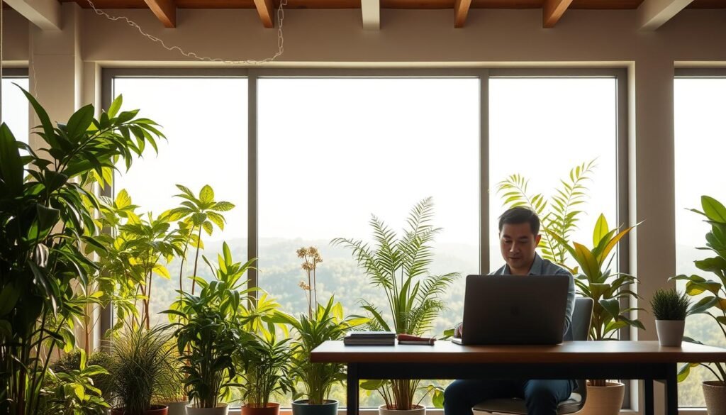 A serene, well-balanced scene depicting the harmonious relationship between work and health. In the foreground, a person sits at a desk, laptop open, working intently yet with a calm, focused expression. Behind them, a lush indoor garden filled with verdant plants and natural light, symbolizing the importance of maintaining physical and mental well-being. The middle ground features a large window overlooking a tranquil outdoor landscape, the sky filled with soft, diffused lighting. The overall atmosphere conveys a sense of equilibrium, where productivity and self-care coexist in perfect harmony.