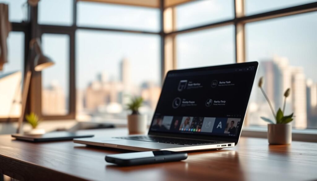 A serene, well-lit office interior with a desk, laptop, and a smartphone in the foreground. Minimalist, distraction-free digital tools such as productivity apps and website blockers are visible on the laptop screen, their icons and interfaces designed with a clean, modern aesthetic. The background features a subtle, blurred out cityscape, conveying a sense of calm focus amidst the bustling urban environment. Warm, natural lighting filters in through large windows, creating a cozy, productive atmosphere. The overall scene emphasizes how digital technologies can be leveraged to enhance concentration and mitigate distractions, supporting the article's theme of using technology to improve focus for individuals with ADHD.
