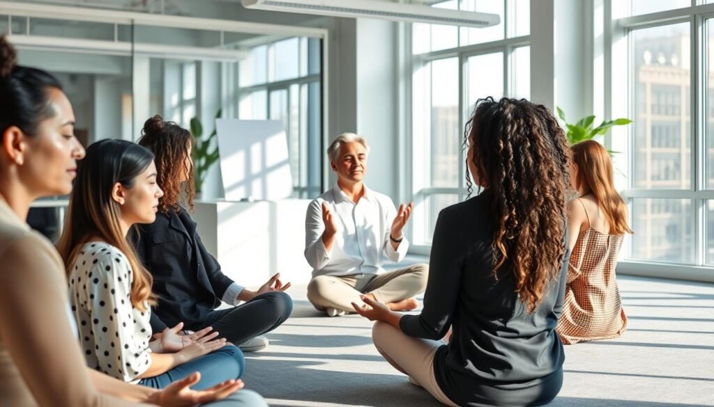 A serene, well-lit office setting with a diverse team of professionals engaged in a mental training session. In the foreground, a group of employees sit in a relaxed, meditative pose, eyes closed, focusing inward. The middle ground features a facilitator leading the session, using calming hand gestures and an expression of wisdom. The background showcases a clean, minimalist workspace with large windows, allowing natural light to flood the scene and create a sense of openness and tranquility. The overall atmosphere conveys a harmonious blend of concentration, collaboration, and a shared commitment to collective mental well-being.