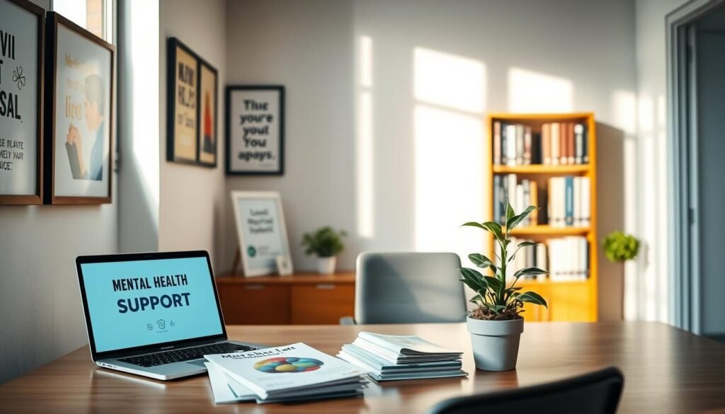 A serene, well-lit office space, with a desk showcasing various resources for mental health support. On the desk, a stack of informative brochures, a laptop displaying a mental health app, and a potted plant symbolizing growth and wellness. The walls are adorned with motivational artwork and inspirational quotes, creating a calming, nurturing atmosphere. Soft, natural lighting filters through the windows, casting a warm glow over the scene. In the background, a bookshelf filled with self-help books and mindfulness guides. The overall composition conveys a sense of care, empowerment, and a commitment to employee well-being.
