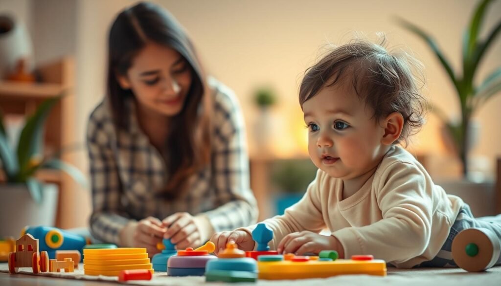 A serene, well-lit scene depicting the stages of child development. In the foreground, a young child playing with educational toys, their face lit with wonder and curiosity. In the middle ground, a parent or caregiver guiding the child, fostering their learning and growth. The background features a warm, nurturing environment with natural elements like plants and soft lighting, conveying a sense of balance and harmony. The image should convey the importance of hands-on, interactive play in a child's cognitive, social, and emotional development, without the distractions of digital devices.