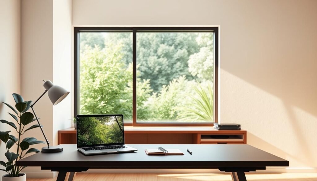 A serene, well-lit workspace with a stylized, modern design. In the foreground, a sleek, ergonomic desk with a minimalist lamp, a potted plant, and a laptop displaying a tranquil nature scene. On the desk, a notebook and a pen, symbolizing the integration of physical and digital elements. The middle ground features a large, frameless window overlooking a lush, verdant garden, bathing the room in warm, natural light. The background showcases a soothing, neutral-toned wall with subtle textures, creating a calming and focused atmosphere. The overall scene evokes a sense of balance, productivity, and mental well-being, embodying the essence of "NeuroWellness."