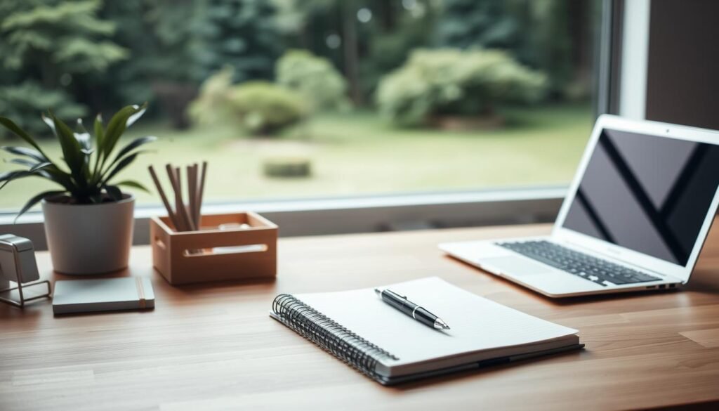 A serene workspace with a wooden desk, a laptop, a minimalist desk organizer, and a potted plant. The lighting is soft and diffused, creating a calming atmosphere. In the middle ground, a notebook and a pen are neatly arranged, symbolizing the act of planning and time management. In the background, a large window overlooks a lush, green landscape, evoking a sense of balance and connection with nature. The overall scene conveys a harmonious and efficient workspace, reflecting the strategies for improving work-life balance.
