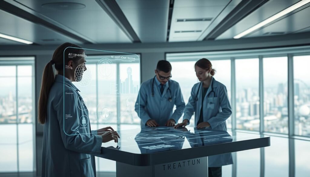 A sleek, futuristic medical facility with a focus on mental health innovation. In the foreground, a holographic display showcases the latest AI-powered diagnostic tools, their elegant interfaces reflecting the tranquil atmosphere. The middle ground features a team of researchers and clinicians collaborating over a stylized touchscreen table, their expressions thoughtful as they explore cutting-edge neurotechnology. The background reveals a panoramic view of the city skyline, hinting at the broader societal impact of these advancements in mental health care. Soft, diffused lighting and a muted color palette evoke a sense of calm and progress, underscoring the theme of "Tendências Futuras em Promoção da Saúde Mental".