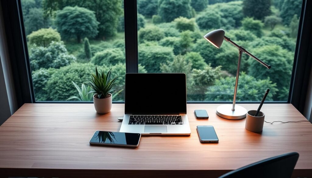 A sleek, minimalist home office setup with a laptop, tablet, and smartphone arranged neatly on a wooden desk. A potted plant and a stylish desk lamp provide a sense of balance and relaxation. The lighting is soft and warm, creating a calming atmosphere. In the background, a large window offers a scenic view of a lush, green landscape, symbolizing the harmony between work and personal life. The overall composition conveys a sense of technology-driven productivity seamlessly integrated with wellness and work-life balance.