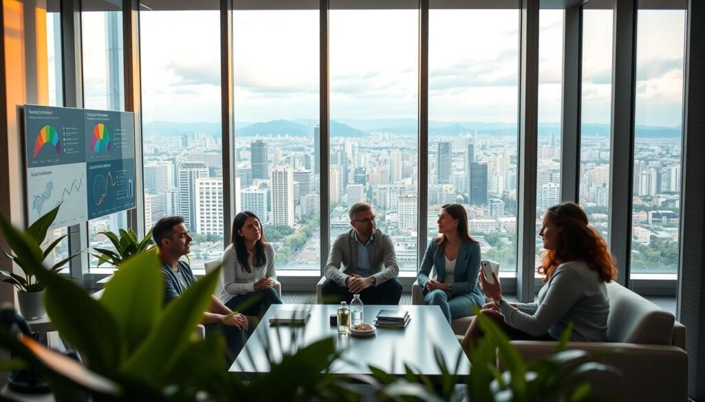 A sleek, modern office interior with large windows overlooking a vibrant Brazilian cityscape. In the foreground, a group of professionals engaged in a collaborative meeting, their expressions radiating positivity and focus. Soft, warm lighting creates a calming atmosphere, complemented by minimalist furniture and lush, verdant plants. The middle ground features wall displays showcasing data visualizations and infographics related to employee well-being and mental health initiatives. In the background, a panoramic view of the bustling city skyline, reflecting the dynamism and growth of Brazilian businesses embracing the principles of NeuroWellness.