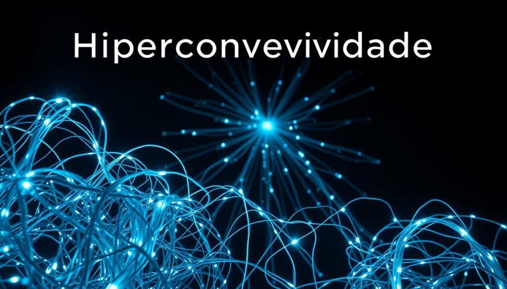 A striking visualization of the concept of "Hiperconectividade," depicting a tangle of glowing, interconnected digital threads and cables against a dark, moody background. The foreground features a cluster of these luminous strands, twisting and converging, symbolizing the overwhelming sense of being constantly plugged in and connected. In the middle ground, the threads radiate outward, creating a web-like structure that dominates the frame. The background is shrouded in shadows, conveying a sense of isolation and disconnect despite the pervasive connectivity. Dramatic chiaroscuro lighting emphasizes the contrast between the bright, pulsing threads and the enveloping darkness, evoking the complex emotional and psychological impacts of hyper-connectivity in the modern remote work environment.
