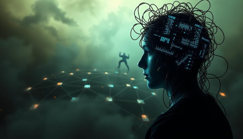 A surreal, dreamlike scene depicting the signs and symptoms of hyperconnectivity. In the foreground, a person's head appears to be filled with tangled wires and circuits, symbolizing the constant digital stimulation and information overload. The middle ground features a maze-like network of glowing cables and screens, representing the overwhelming web of digital devices and constant notifications. The background is hazy and distorted, suggesting the loss of focus and disconnection from the physical world. Dramatic lighting casts dramatic shadows, conveying the intensity and weight of this modern condition. The overall tone is one of unease, fragmentation, and the blurring of the line between the virtual and the real.