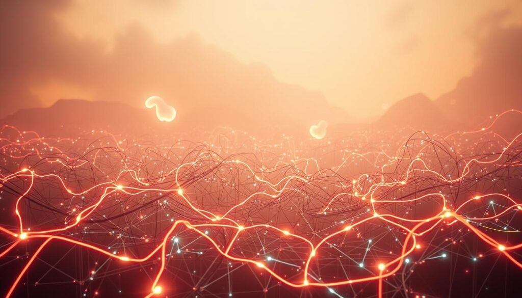 A surreal, hyper-connected landscape with tangled, neon-lit circuits coursing through a dreamlike, abstract environment. In the foreground, a complex web of luminous wires and cables intertwines, creating a sense of overwhelming digital interconnectivity. The middle ground features amorphous, glowing shapes and forms, suggesting the fluid, ever-changing nature of modern technology. In the background, a hazy, atmospheric backdrop with subtle gradients and hints of organic textures, evoking the underlying human experience within this hyper-connected world. Soft, diffused lighting casts a warm, almost ethereal glow, blurring the boundaries between the physical and digital realms. The overall mood is one of both wonder and unease, capturing the duality of our hyper-connected existence.