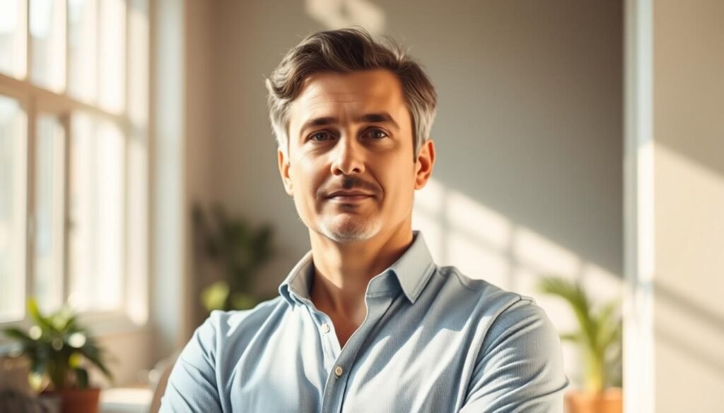 A thoughtful leader standing confidently, their gaze radiating empathy and understanding. In the background, a serene, sun-dappled office space, conveying a sense of calm and focus. Soft, warm lighting illuminates the scene, casting a gentle glow on the leader's face, symbolizing their role in nurturing mental well-being. The composition emphasizes the leader's central position, highlighting their influence and responsibility in fostering a healthy, supportive work environment. An aura of tranquility and trust permeates the scene, embodying the essence of the "Role of Leadership in Mental Health" section.