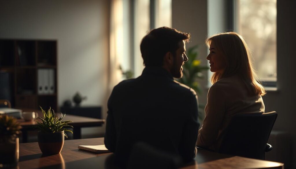 A tranquil, dimly lit office setting with a desk and chairs. In the foreground, two people engaged in active listening, their bodies angled towards each other, eyes locked in a meaningful exchange. Soft natural lighting filters through the windows, casting a warm, contemplative glow. The background is blurred, emphasizing the focus on the interpersonal dynamic. Subtle details like a potted plant, a notebook, and a cup of tea on the desk suggest a nurturing, empathetic environment conducive to open communication. The overall mood is one of attentive, empathetic leadership.