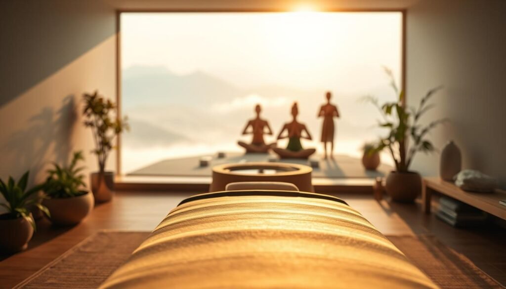 A tranquil, minimalist scene depicting holistic treatment. In the foreground, a spa-like setting with natural materials and clean lines. Serene lighting, with soft, warm tones. A central focus on a wooden treatment table, surrounded by elements of nature - potted plants, a gentle water feature, and natural textiles. In the middle ground, blurred silhouettes of people engaging in mindful practices, such as yoga or meditation. The background fades into an abstract, ethereal landscape, suggesting a sense of harmony and connection. The overall impression is one of balance, relaxation, and a holistic approach to wellness.