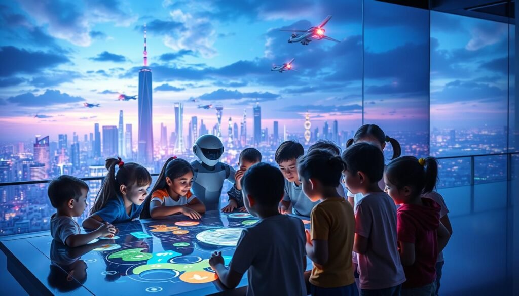 A tranquil scene depicting the future of technology and children. In the foreground, a group of diverse children, aged 6-12, gathered around a large, interactive touch-screen display, immersed in a captivating educational game. The children's faces are lit with wonder and excitement as they collaborate, problem-solve, and learn through the dynamic, visually stunning interface. In the middle ground, sleek, minimalist robots and digital assistants unobtrusively facilitate the children's exploration, offering guidance and support. The background features a panoramic view of a futuristic cityscape, with towering skyscrapers, flying vehicles, and a vibrant, neon-infused skyline, symbolizing the integration of advanced technology into the fabric of daily life. The overall scene conveys a sense of harmony, progress, and the seamless integration of technology and childhood, shaping a future where learning and play coexist in a visually stunning, technologically advanced environment.