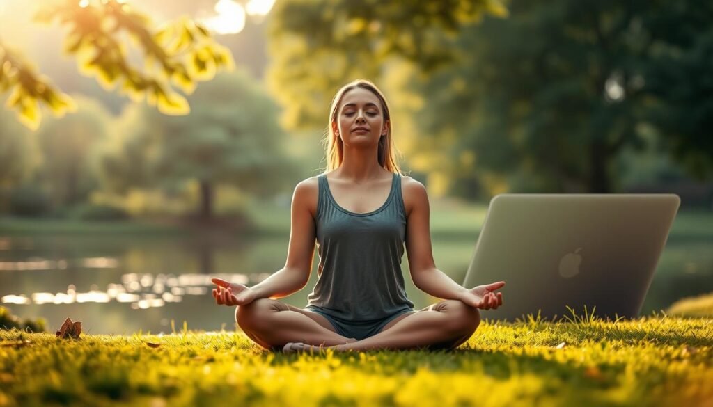 A tranquil, serene landscape with a woman sitting cross-legged in a meditative pose, surrounded by lush greenery and a calming body of water. Soft, warm lighting filters through the trees, casting a peaceful glow on the scene. The woman's face exudes a sense of inner calm and balance, her eyes closed as she focuses on her mental well-being. In the background, a faint outline of a smartphone or laptop, symbolizing the encroachment of hyper-connectivity, creates a subtle contrast to the serene foreground. The overall atmosphere conveys a sense of finding refuge from the overwhelming digital world, highlighting the importance of mental health and mindfulness in the face of constant connectivity.