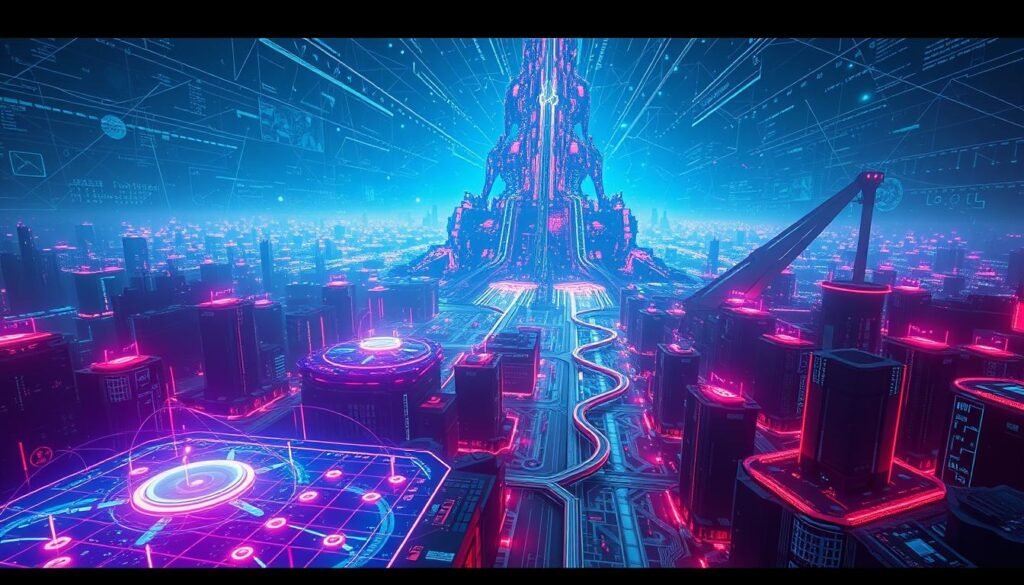A vast and immersive digital realm, "ciberespaço" is a neon-lit landscape of interconnected networks and data streams. In the foreground, a cluster of holographic interfaces pulsates with real-time information, casting an ethereal glow. The middle ground reveals a labyrinth of virtual pathways, where users navigate through a maze of dazzling visual representations of data. In the background, a towering, abstract architecture of code and algorithms forms the foundation of this digital universe, its intricate patterns and geometries hinting at the underlying complexity of the system. The overall atmosphere is one of technological wonder and boundless possibility, evoking a sense of immersion in a world where the physical and digital converge.