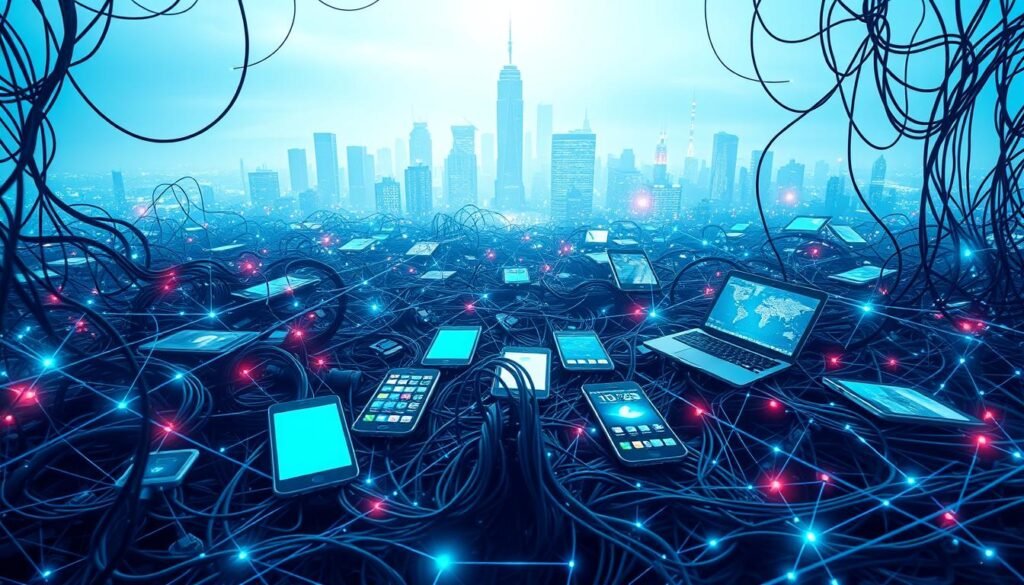 A vast network of digital connections, pulsing with data streams and glowing screens. In the foreground, a tangled web of cables, wires, and circuits intertwine, symbolizing the intricate web of digital relationships. The middle ground features a cluster of smartphones, tablets, and laptops, their screens aglow with social media apps, email, and messaging platforms. In the background, a hazy, futuristic cityscape emerges, with towering skyscrapers and a luminous, neon-tinged skyline, representing the expansive, ever-evolving digital landscape. The scene is bathed in a cool, electric blue hue, conveying a sense of the unrelenting, hyper-connected nature of the digital world. The overall mood is one of technological immersion, a visual representation of the pervasive and all-encompassing nature of digital hyperconnectivity.