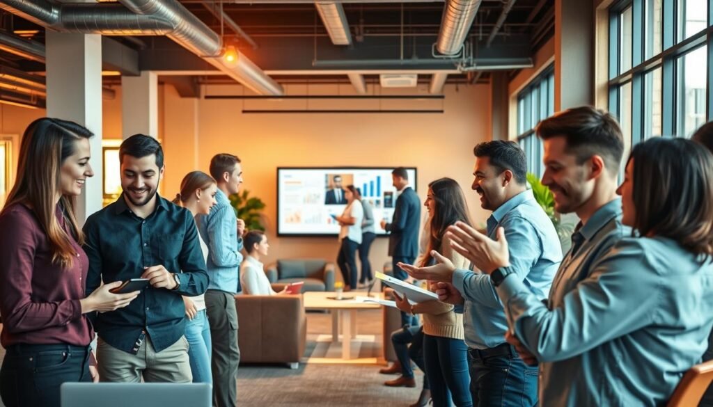 A vibrant and dynamic office setting, showcasing engaged and fulfilled employees collaborating in an open, well-lit workspace. The foreground features a diverse group of professionals deeply immersed in their tasks, their body language and facial expressions radiating a sense of purpose and job satisfaction. In the middle ground, colleagues gather around a large, interactive display, sharing ideas and strategizing, while in the background, a stylish lounge area provides a comfortable space for relaxation and team-building activities. Warm, natural lighting filters through large windows, creating a welcoming and productive atmosphere. The overall scene conveys a culture of employee engagement, empowerment, and a commitment to nurturing and retaining top talent.