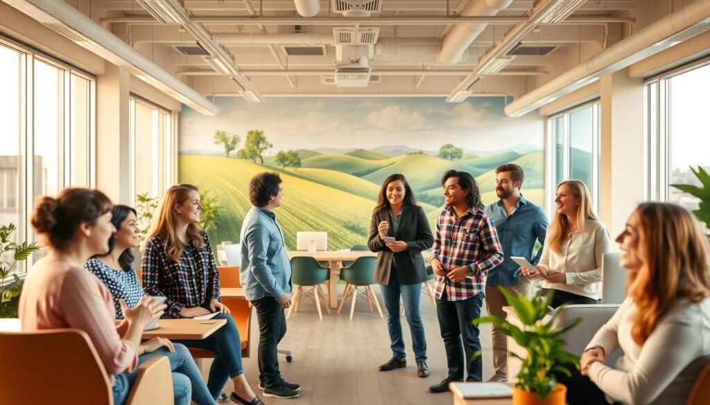 A vibrant, cheerful office setting with a positive, collaborative atmosphere. In the foreground, a diverse group of coworkers engaged in lively discussions, sharing ideas and supporting one another. The middle ground features an open, airy workspace with modern, ergonomic furniture and natural lighting filtering in through large windows. In the background, a mural on the wall depicts a thriving, verdant landscape, symbolizing the growth and vitality of the organization. The overall scene conveys a sense of unity, creativity, and a healthy work-life balance, reflecting a strong, positive organizational culture. Captured with a wide-angle lens, the image is bathed in warm, natural tones that create a welcoming, uplifting ambiance.