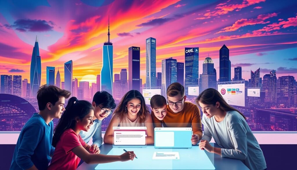 A vibrant, collaborative online workspace with a clean, modern aesthetic. In the foreground, a group of diverse teenagers work together on a shared digital canvas, their faces lit by the glow of their screens. The middle ground features an array of intuitive collaboration tools - virtual whiteboards, messaging interfaces, and project management dashboards. In the background, an abstract cityscape with sleek high-rises and a vibrant sunset sky, symbolizing the technological connectedness of the digital age. The overall scene conveys a sense of productivity, creativity, and social engagement, embodying the essence of online collaboration for adolescents.