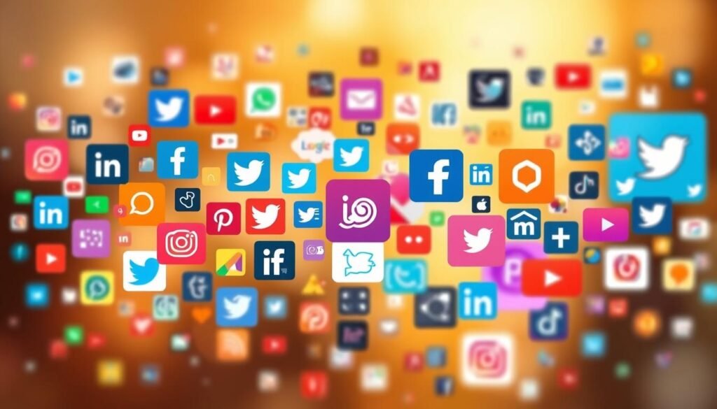 A vibrant, dynamic collage of social media icons and interfaces, set against a warm, blurred background. The foreground features a diverse array of modern, minimalist app logos and UI elements, seamlessly interconnected to convey the seamless integration of social platforms in the lives of adults. The middle ground showcases colorful, abstract shapes and textures, evoking the sense of constant digital connectivity and information flow. The background is bathed in a soft, golden light, creating a welcoming and inviting atmosphere that suggests the positive impact of social media on work-life balance and personal well-being.