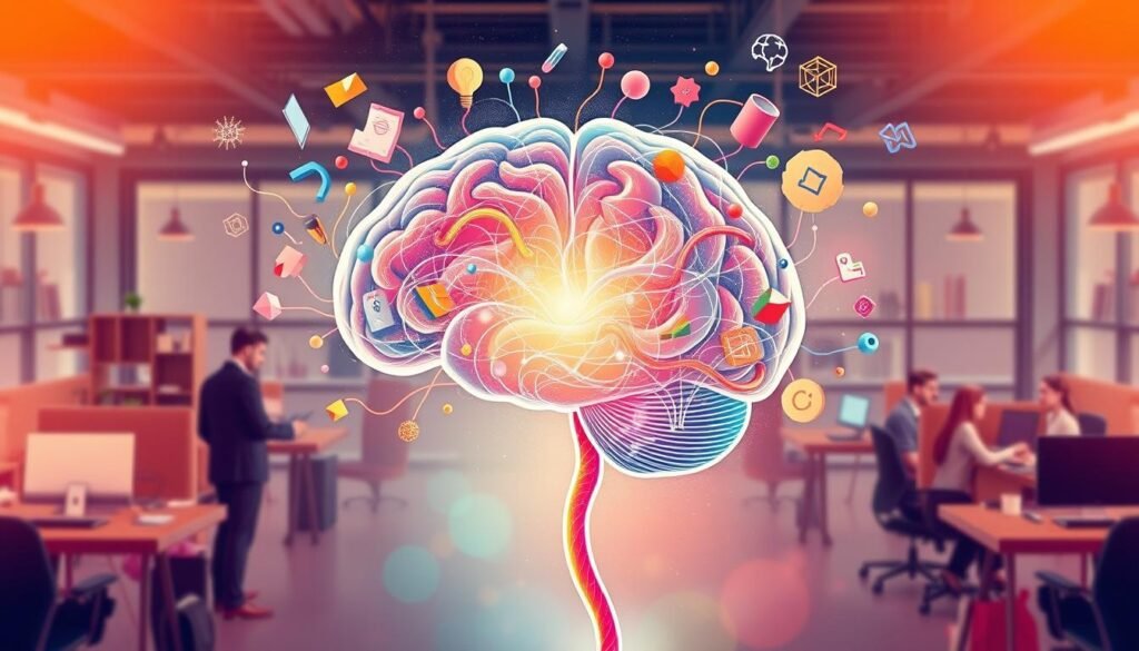 A vibrant, dynamic illustration showcasing the interplay between neuroplasticity and creativity. In the foreground, a stylized brain displays intricate neural pathways, pulsing with energy and adaptability. Swirling around it, abstract shapes and forms represent the flourishing of ideas, the generation of novel solutions. The middle ground features individuals engaged in various professional tasks, their minds visibly active and receptive to new possibilities. In the background, a workspace filled with modern technology and collaborative tools, conveying the synergy between the brain's neuroplasticity and the innovation it enables in the workplace. Warm, vibrant lighting casts a sense of inspiration and possibility, while a slightly hazy, dreamlike atmosphere suggests the boundless potential of the human mind.