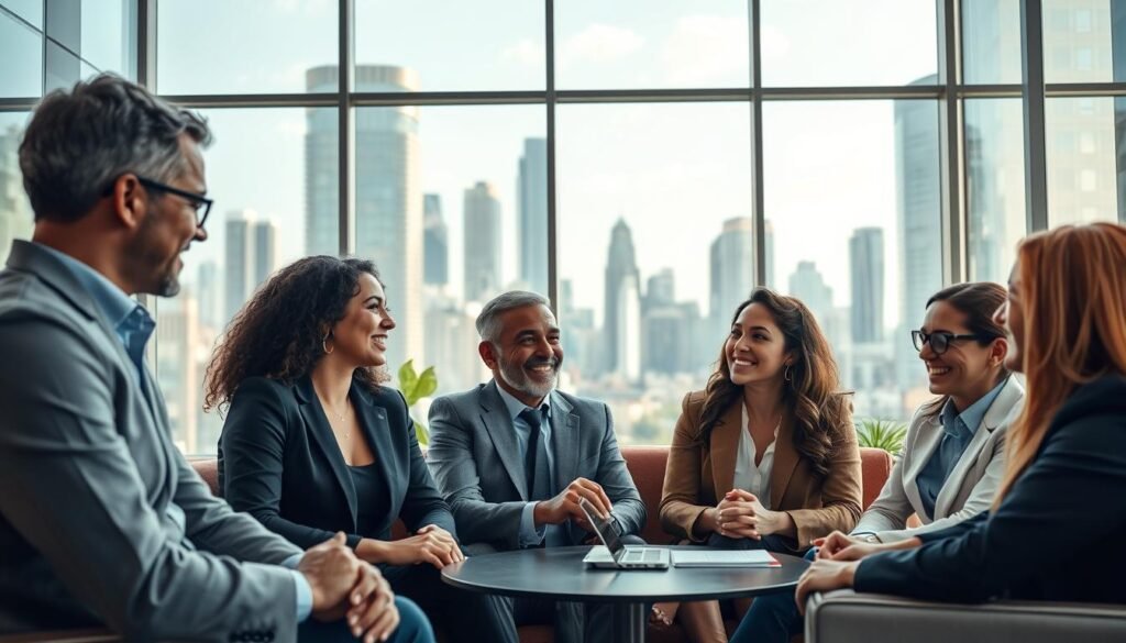 A vibrant, dynamic scene of successful business leaders embodying empathetic leadership. In the foreground, a diverse group of professionals engaged in a collaborative meeting, their expressions warm and attentive as they listen intently to one another. The middle ground features an open, airy office space with sleek, modern furnishings and abundant natural light, creating a sense of tranquility and productivity. In the background, a cityscape of towering skyscrapers reflects the broader impact of their empathetic approach, showcasing its far-reaching influence. The scene is captured with a cinematic, wide-angle lens, emphasizing the scale and significance of this empathetic leadership in action.