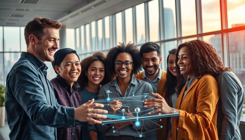 A vibrant, forward-looking scene depicting the future of motivation in the workplace. In the foreground, a diverse group of dynamic, engaged employees collaborating in a modern, well-lit office space, their expressions conveying a sense of purpose and fulfillment. In the middle ground, advanced holographic displays and AI-powered productivity tools, hinting at the technological innovations that will shape the future of workplace motivation. The background features a sleek, minimalist architectural design with large windows overlooking a futuristic cityscape, symbolizing the evolving landscape of the modern workforce. The overall mood is one of optimism, innovation, and a shared vision for a more motivated, productive, and rewarding work environment.