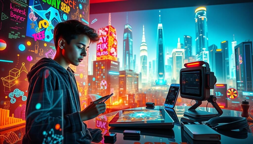 A vibrant, futuristic scene showcasing the harmonious intersection of technology and creativity. In the foreground, a young person engrossed in digital art, their fingertips dancing across a sleek, high-resolution tablet. Surrounding them, a kaleidoscope of holographic displays, each pulsing with vivid, ever-changing imagery - abstract designs, 3D models, and snippets of code. The middle ground features an array of cutting-edge gadgets and smart devices, their streamlined forms hinting at the limitless possibilities of the digital realm. In the background, a cityscape of towering, tech-infused skyscrapers, their facades adorned with dynamic light installations that create a mesmerizing, ever-evolving visual tapestry. The scene is bathed in a warm, vibrant glow, conveying a sense of boundless creativity and technological advancement in perfect harmony.
