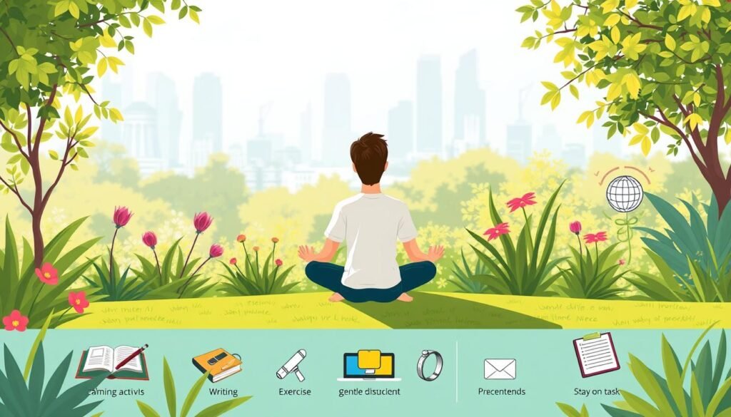 A vibrant illustration of behavioral strategies for managing ADHD symptoms. A person sits in a peaceful garden setting, surrounded by lush greenery and serene natural light. They practice mindfulness, taking deep breaths and focusing inward, disconnecting from digital distractions. The foreground depicts calming activities like reading, writing, or gentle exercise. The middle ground shows organizational tools and reminders to stay on task. In the background, a hazy cityscape represents the fast-paced, hyper-connected world, emphasizing the importance of intentional disconnection. The overall scene conveys a sense of tranquility, balance, and self-care amidst the challenges of ADHD.