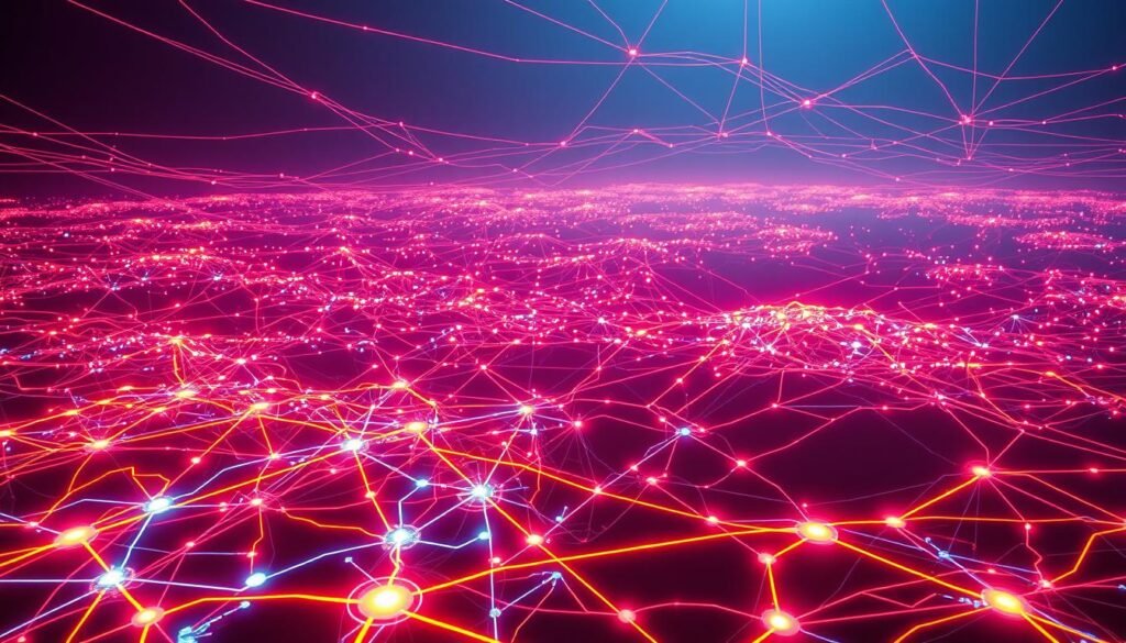 A vibrant, interconnected web of glowing neon lines and pulsing nodes, sprawling across a dark, ethereal landscape. The foreground is a dense tangle of intricate, futuristic circuits, their luminous pathways converging and diverging in an endless dance of digital energy. In the middle ground, the web expands outward, its tendrils reaching towards the horizon, creating a sense of boundless, hyper-connected space. The background fades into a hazy, dreamlike realm, suggesting the vastness and complexity of the digital realm. Diffuse lighting bathes the entire scene in a soft, neon glow, heightening the sense of technological immersion and the blurring of boundaries between the physical and virtual worlds.