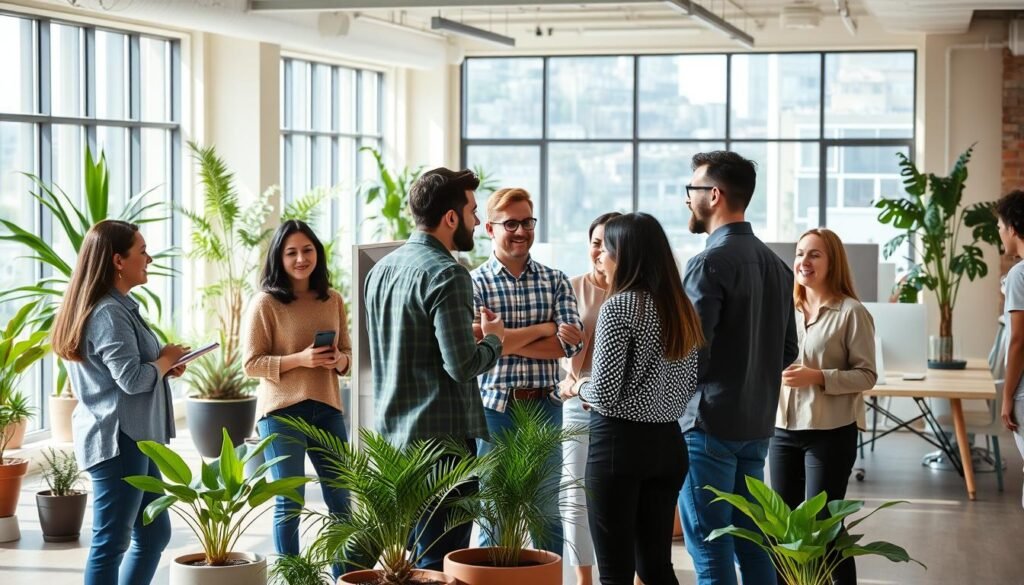 A vibrant, modern office setting with a warm, collaborative atmosphere. In the foreground, a diverse group of employees engaged in animated discussions, their body language conveying a sense of camaraderie and open communication. The middle ground features a stylish, open-concept workspace with minimalist furniture and strategic placement of potted plants, fostering a sense of balance and connection to nature. The background showcases large windows, allowing natural light to flood the space and create a serene, airy ambiance. The overall scene radiates a positive, productive energy, reflecting a healthy organizational culture that prioritizes employee well-being and fosters mental health.