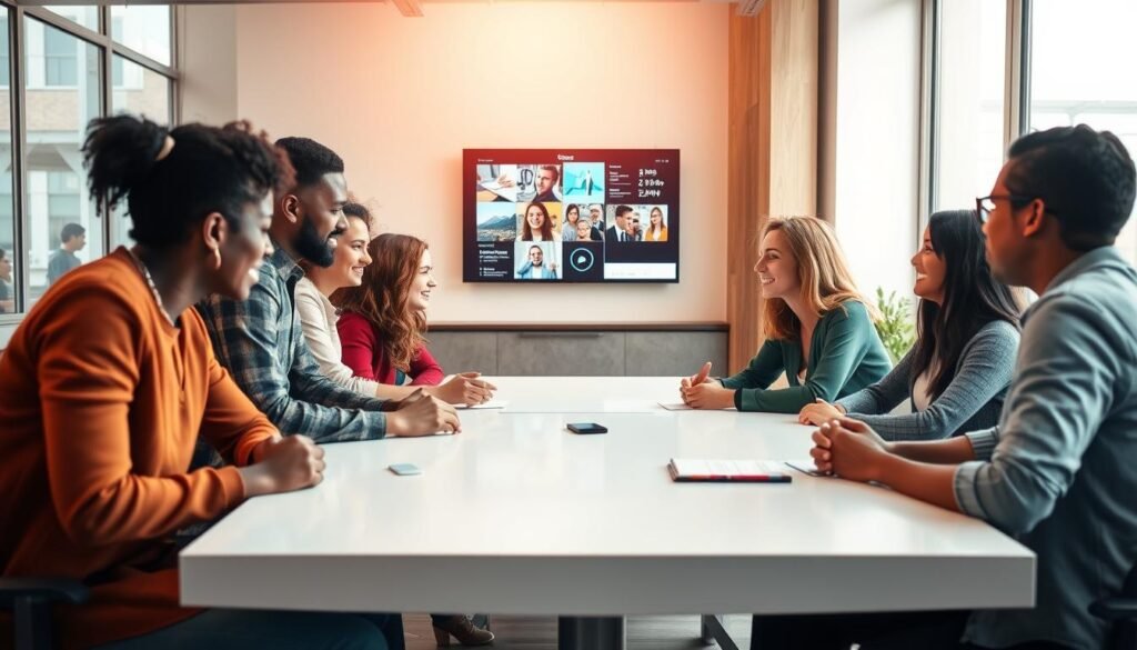 A vibrant office setting with a team of diverse professionals engaged in dynamic and collaborative communication. In the foreground, colleagues huddle around a sleek conference table, their expressions animated as they exchange ideas. Soft natural light filters through large windows, casting a warm glow on the scene. In the middle ground, a wall-mounted display showcases visuals, conveying the seamless flow of information. The background features modern, minimalist decor, creating a sense of order and efficiency. The overall atmosphere exudes a spirit of open, transparent, and effective internal communication, fostering a productive and engaged workforce.