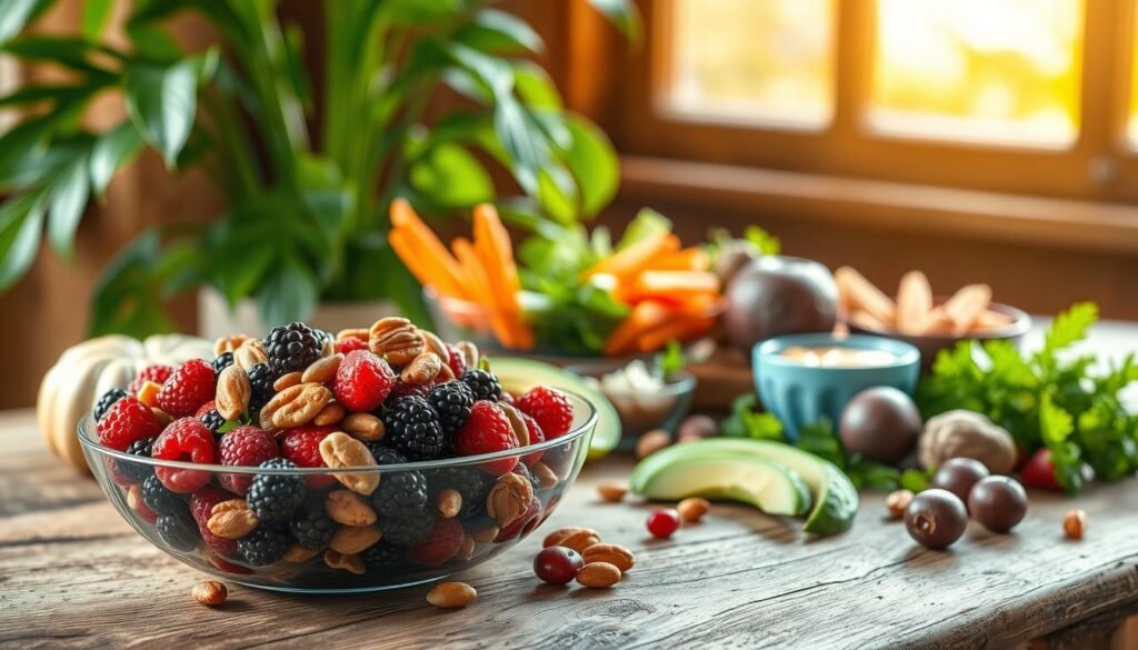 A vibrant still life showcasing a diverse array of healthy, brain-boosting foods on a rustic wooden table. In the foreground, a bowl overflows with juicy berries, crisp nuts, and creamy avocado slices. In the middle ground, a platter presents crunchy vegetables like carrot sticks and celery, accompanied by a small dish of hummus. The background features a leafy green plant and warm, natural lighting from a large window, creating a calming, nourishing atmosphere. The composition is balanced and aesthetically pleasing, inviting the viewer to savor these wholesome ingredients that fuel mental focus and concentration.