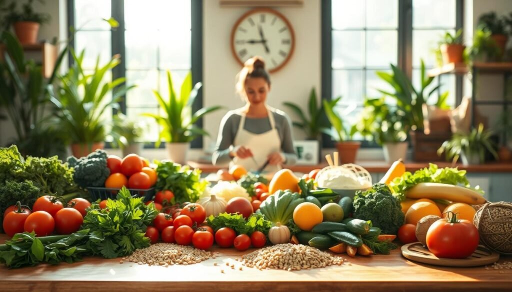 A vibrant, sun-drenched kitchen scene showcasing a bountiful spread of healthy, nutritious foods. In the foreground, a wooden table is laden with an array of fresh produce - crisp greens, ripe tomatoes, juicy fruits, and whole grains. Soft, natural lighting filters in through large windows, casting a warm glow over the scene. In the middle ground, a person sits at the table, preparing a wholesome meal, their expression one of focus and contentment. The background features lush, verdant plants and stylish, minimalist decor, creating a calming, wellness-inspired atmosphere. The overall impression is one of balance, vitality, and the connection between nourishing the body and fueling productivity.