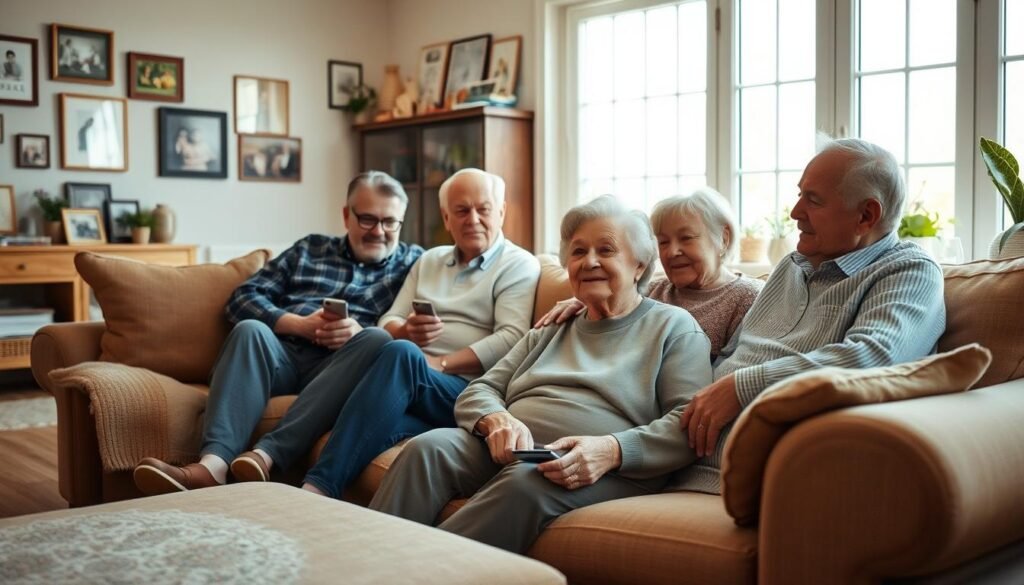 A warm, inviting living room scene with a large, cozy sofa where a multi-generational family is gathered. In the foreground, an elderly grandparent sits comfortably, surrounded by their adult children and grandchildren. They are engaged in conversation, faces lit by soft, natural lighting filtering through large windows. The background features family photos and mementos, creating a sense of history and belonging. The overall atmosphere is one of connection, care, and the importance of maintaining strong familial bonds, especially as older adults navigate the intersection of technology and family life.