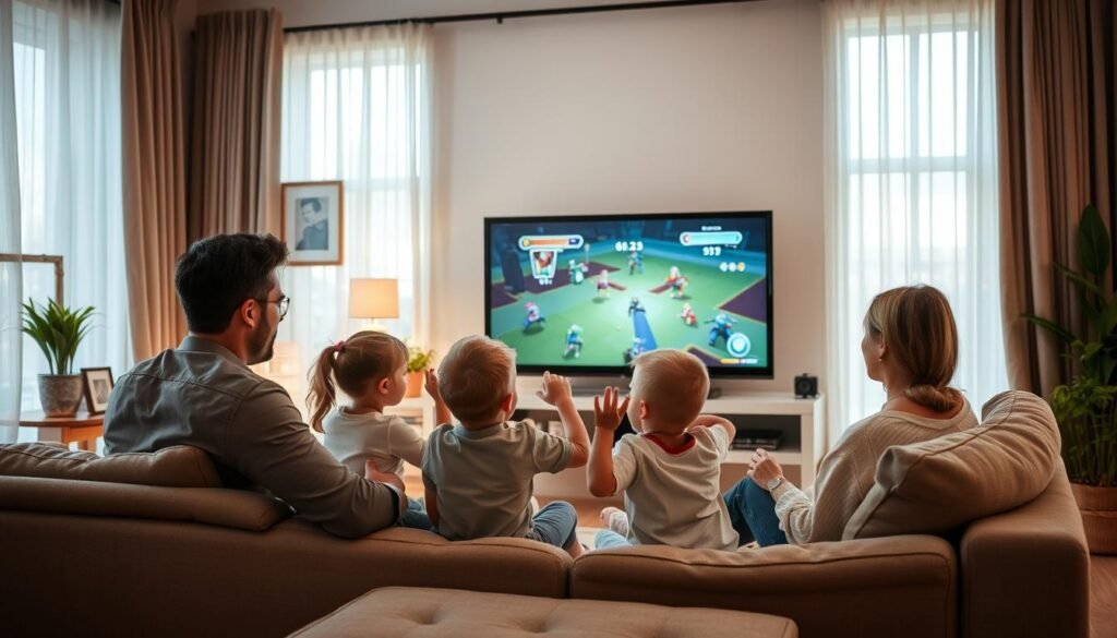 A warm, inviting living room with a family of four gathered around a large, modern TV screen. The parents sit on a plush sofa, intently observing their children's interactions with a digital game displayed on the screen. Soft lighting filters through sheer curtains, creating a cozy atmosphere. The kids, engrossed in the game, gesticulate animatedly, their faces lit by the screen's glow. Framed family photos and potted plants accent the room, conveying a sense of comfort and connection. The overall scene suggests the parents' active involvement in their children's digital experiences, fostering a balanced, nurturing environment for developing social skills.