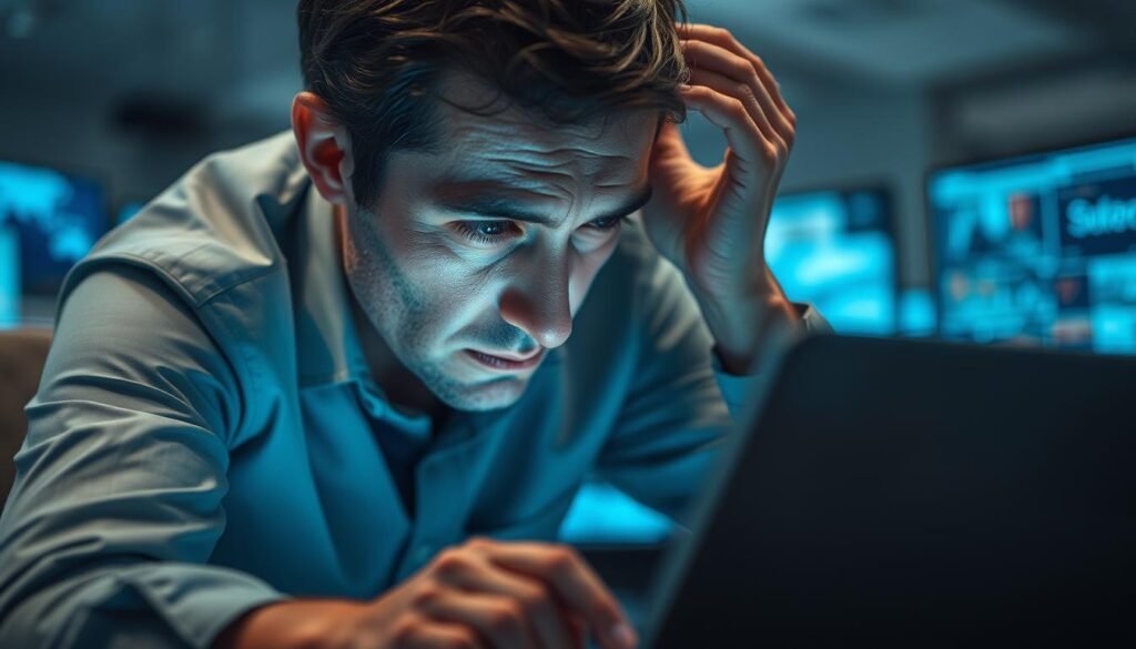 A weary office worker hunched over a laptop, eyes strained and bloodshot, fingers tapping frantically. Their face is drawn and pale, dark circles etching beneath their eyes. The background is a blur of screens and devices, casting a harsh blue-white glow. Tension radiates from the figure, capturing the physical symptoms of digital hyperconnectivity - headaches, muscle aches, and a sense of being overwhelmed by the constant stream of information. The lighting is harsh and clinical, emphasizing the clinical nature of the scene. The composition places the subject in the foreground, drawing the viewer's eye to the physical toll of excessive digital engagement.