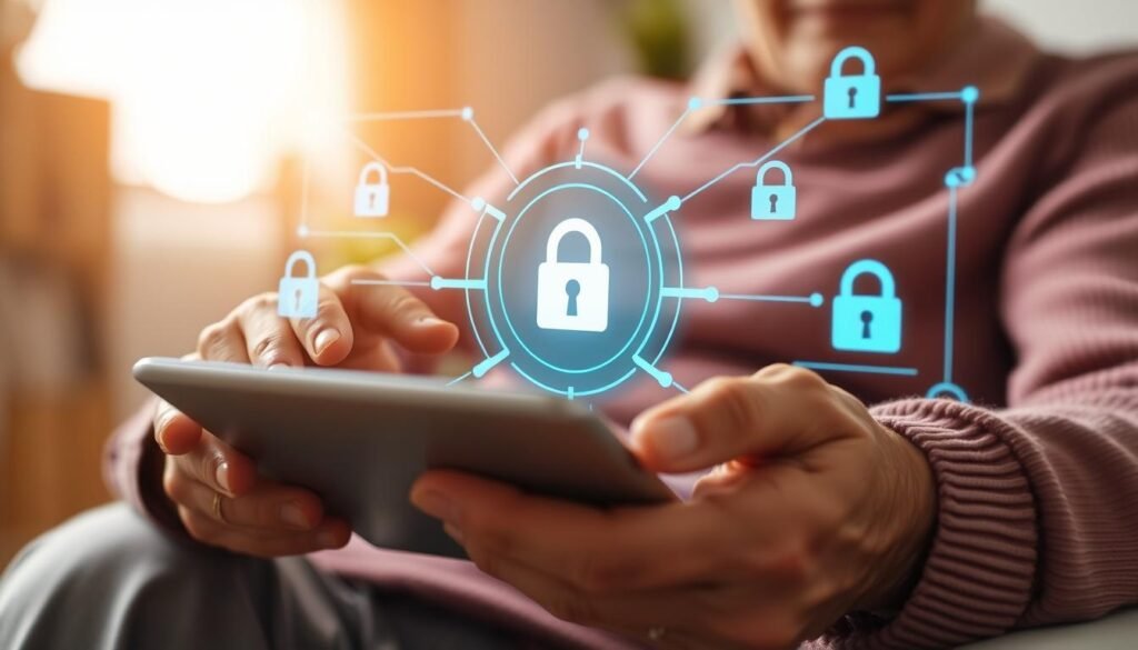 A well-lit, warm-toned digital security scene for elderly users. In the foreground, an elderly person's hands gently interacting with a tablet device, conveying a sense of comfort and confidence. The middle ground features a secure network interface, with encryption symbols and padlock icons, highlighting the digital protection measures in place. The background subtly suggests a cozy, familiar living space, evoking a feeling of safety and familiarity. The overall scene communicates the idea of digital security empowering the elderly to maintain their independence and stay connected with loved ones.