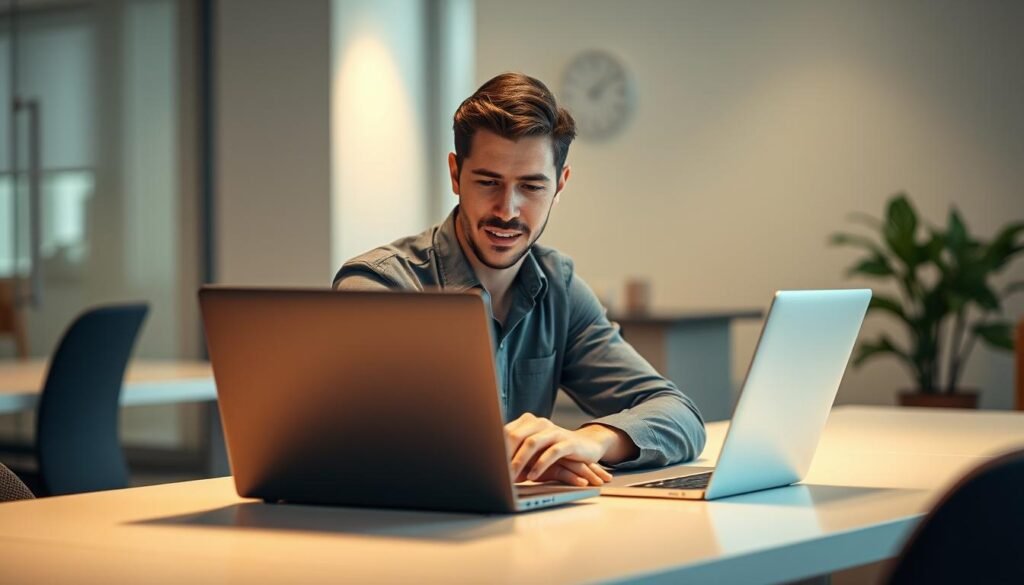 A well-rested professional seated at a desk, working intently on a laptop. Soft, warm lighting illuminates the scene, creating a serene and focused atmosphere. The desk is uncluttered, with a sleek, modern design that speaks to the employee's productivity and attention to detail. In the background, a blurred, peaceful office setting, conveying a sense of order and tranquility. The pose and expression of the subject suggest a state of mental clarity and engagement, reflecting the positive impacts of quality sleep on corporate wellbeing.