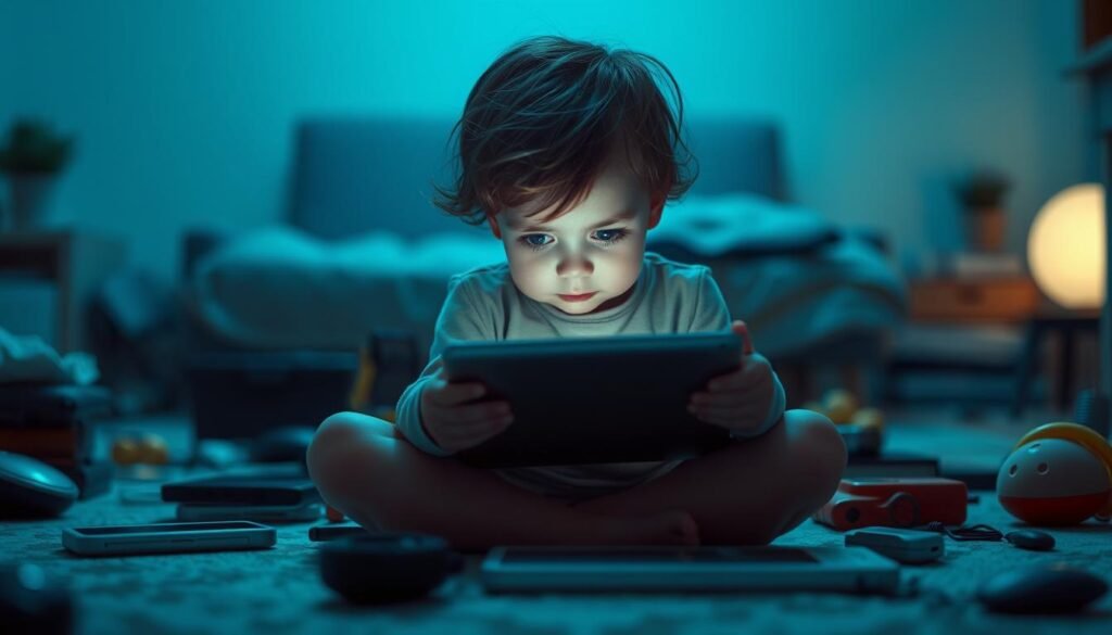 A young child sitting cross-legged on the floor, surrounded by a sea of digital devices and electronic toys. Their eyes are fixed intently on a tablet in their hands, their expression one of intense focus and detachment from the physical world. The room is dimly lit, casting a bluish hue over the scene, emphasizing the sense of isolation and disconnection. The background is blurred, with faint outlines of familiar household items, creating a sense of the child being lost in their own digital bubble. Soft, diffused lighting illuminates the child's face, creating a sense of introspection and contemplation, hinting at the potential impact of this "hyperconnectivity" on their development and well-being.