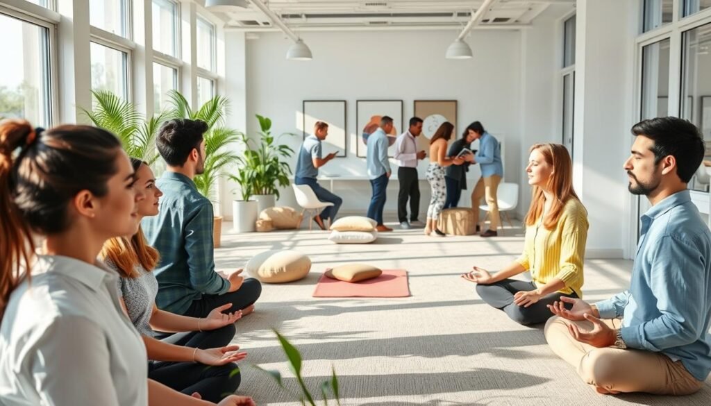 A bright and airy office space, with large windows flooding the room with natural light. In the foreground, a group of employees engage in a mindfulness session, their faces serene and focused. The middle ground features a wellness corner with plants, meditation cushions, and soothing artwork. In the background, a team-building activity is underway, colleagues collaborating and supporting one another. The overall atmosphere conveys a sense of balance, mental well-being, and a commitment to holistic employee care.