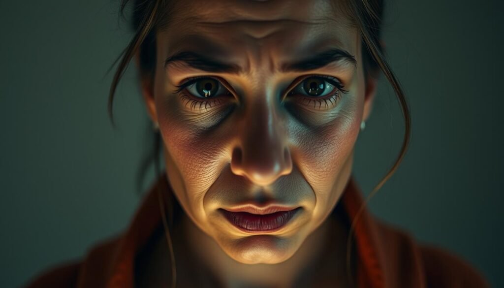 A candid portrait of a person's mental health journey, their face reflecting both the strain and the resilience. A warm, diffused light illuminates their expression, conveying a sense of introspection and vulnerability. The background is a soft, muted palette, allowing the subject to take center stage. Subtle textures and hues evoke a sense of empathy and understanding. The composition is balanced, drawing the viewer's attention to the person's eyes, which convey a mixture of fatigue and determination. This image aims to sensitively capture the experience of burnout and the importance of mental health awareness in the workplace.