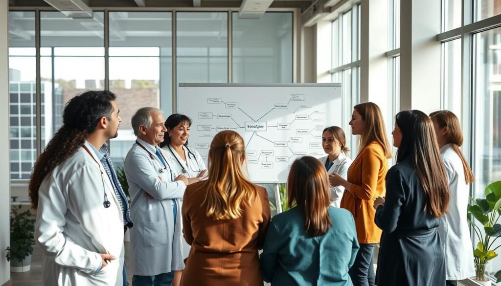 A diverse group of professionals from various fields, gathered in a well-lit, modern office setting. In the foreground, a team of doctors, therapists, and counselors engaged in a lively discussion, their body language conveying collaboration and open communication. In the middle ground, a whiteboard displays a mind map, outlining strategies and approaches for a multidisciplinary neurowellness program. The background features floor-to-ceiling windows, allowing natural light to flood the space and create a calming, productive atmosphere. The overall scene reflects the idea of a specialized, multidisciplinary team working together to provide comprehensive and personalized care.