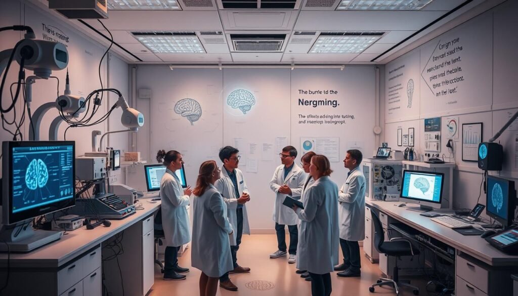 A modern laboratory filled with cutting-edge neuroscience equipment, including brain imaging devices, neural probes, and data visualization screens. The space is bathed in a soft, warm glow, creating a serene and contemplative atmosphere. In the center, a group of researchers and scientists are engaged in lively discussions, their expressions animated as they explore the complexities of human behavior and cognition. The walls are adorned with diagrams, charts, and inspirational quotes, hinting at the depth of knowledge and insights that emerge from this field of study. The overall scene conveys a sense of discovery, innovation, and the pursuit of understanding the mysteries of the mind.