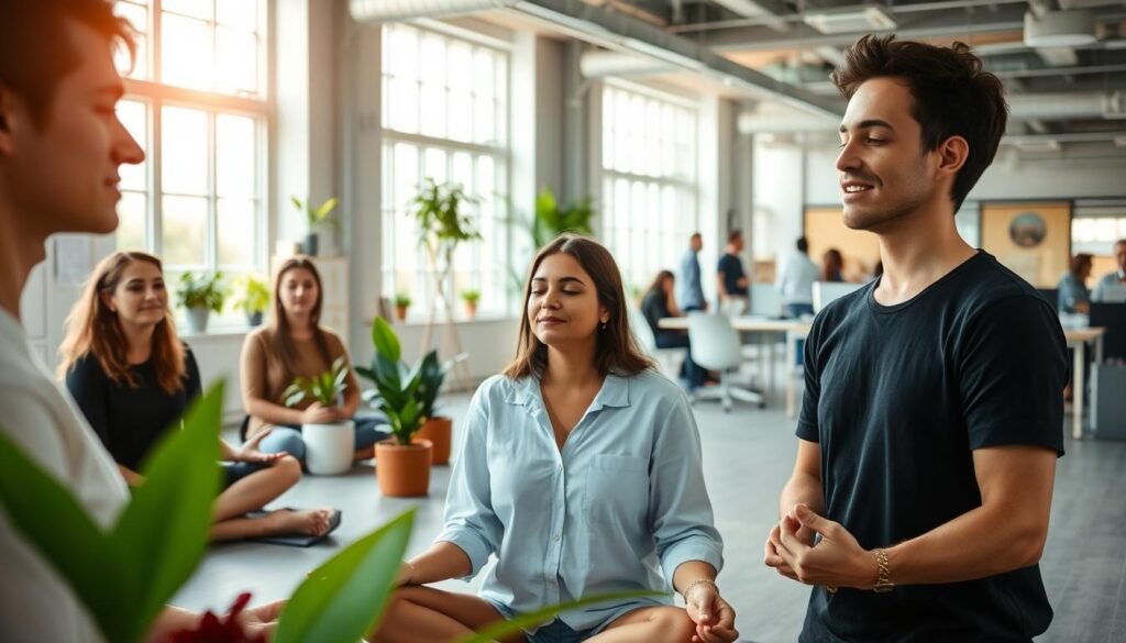 A serene and airy office space, with an abundance of natural light filtering through large windows. In the foreground, a group of colleagues engaged in a mindfulness session, their faces radiant with calm and focus. In the middle ground, a dedicated wellness corner with potted plants, comfortable seating, and soothing ambient music playing softly. The background showcases a vibrant, collaborative work environment, where employees interact with a sense of ease and camaraderie. The overall atmosphere exudes a palpable sense of well-being and mental resilience, reflecting a workplace that prioritizes the holistic health and happiness of its team.