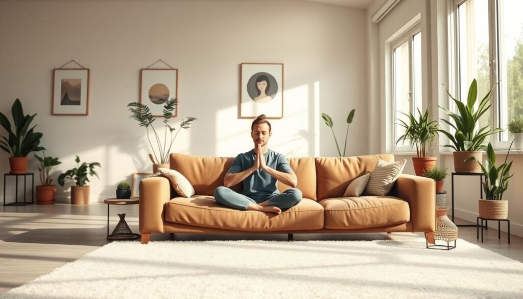 A serene and calming scene of a person engaging in self-care activities to overcome burnout. In the foreground, a person sits comfortably on a plush couch, practicing mindful breathing exercises. The middle ground features a minimalist and airy living space, with natural lighting streaming in through large windows. In the background, potted plants and soothing artwork adorn the walls, creating a tranquil atmosphere. The overall mood is one of introspection, relaxation, and a sense of rejuvenation. The image conveys the importance of mental health and wellness in the journey to recovery from burnout.