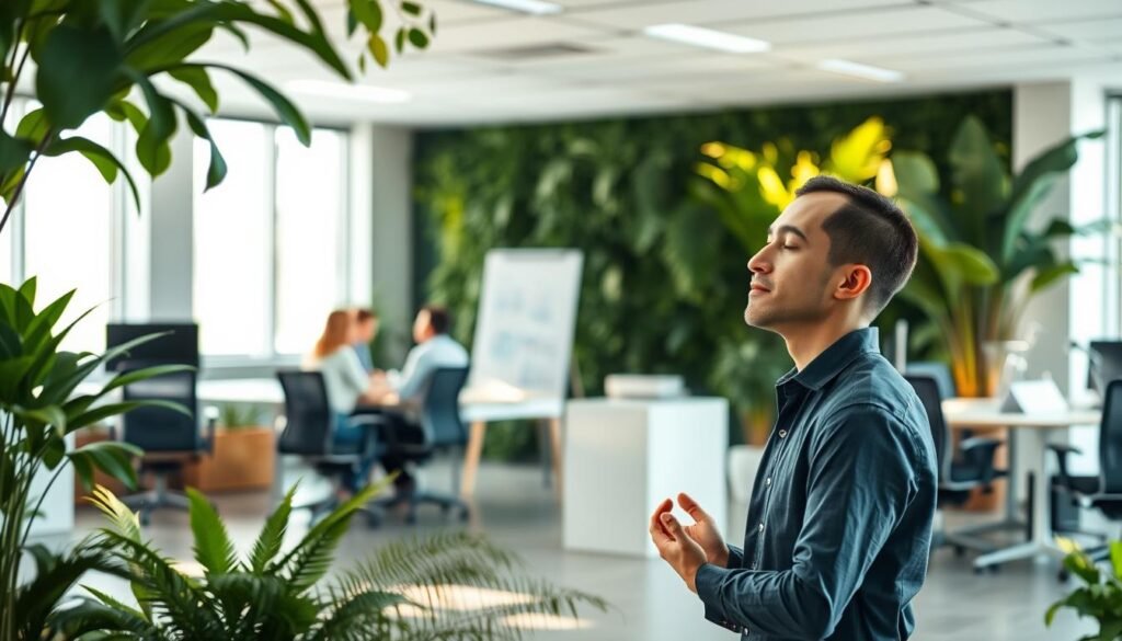 A serene corporate office, filled with lush greenery and natural light. In the foreground, a person practices deep breathing exercises, their expression calm and focused. In the middle ground, a group collaborates around a whiteboard, discussing stress management strategies. The background showcases a minimalist, modern workspace with sleek desks and ergonomic chairs, promoting an atmosphere of productivity and wellbeing. Soft, warm lighting casts a soothing glow, and the overall scene conveys a sense of balance, mindfulness, and proactive stress prevention in the corporate environment.